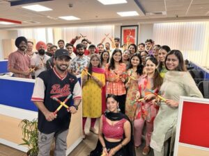 Employees participating in workplace celebration and team activities